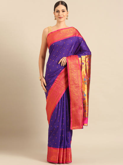 Kanika Indigo Blue & Pink Soft Silk Fancy Pallu Kadiyal Paithani Saree