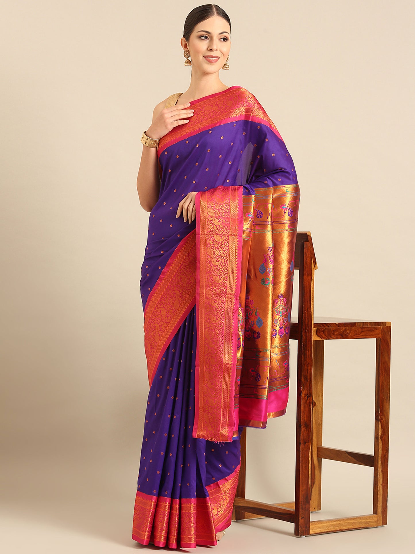 Kanika Indigo Blue & Pink Soft Silk Fancy Pallu Kadiyal Paithani Saree