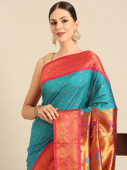 Kanika Rama & Pink Soft Silk Fancy Pallu Kadiyal Paithani Saree