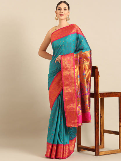 Kanika Rama & Pink Soft Silk Fancy Pallu Kadiyal Paithani Saree