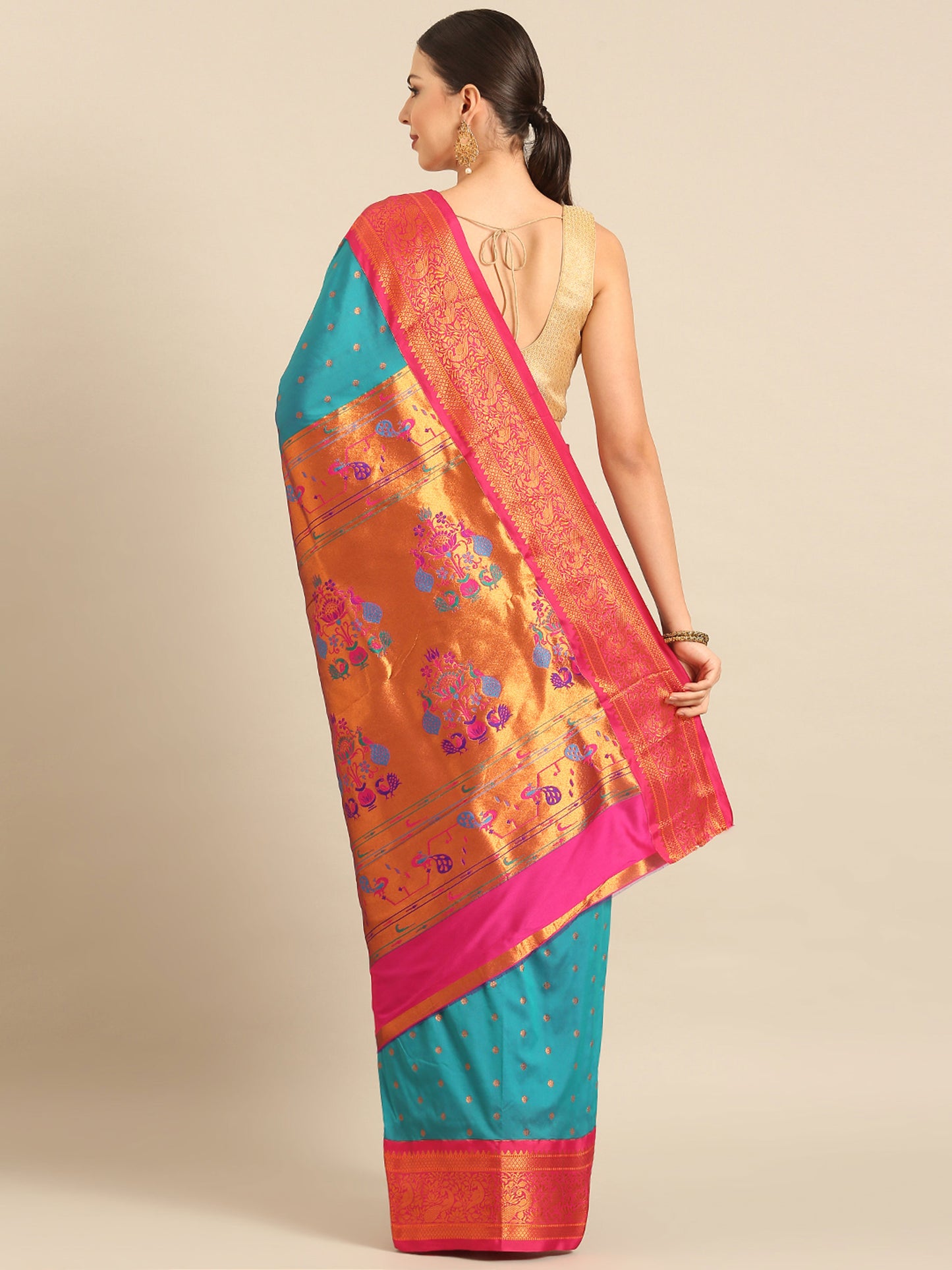 Kanika Rama & Pink Soft Silk Fancy Pallu Kadiyal Paithani Saree