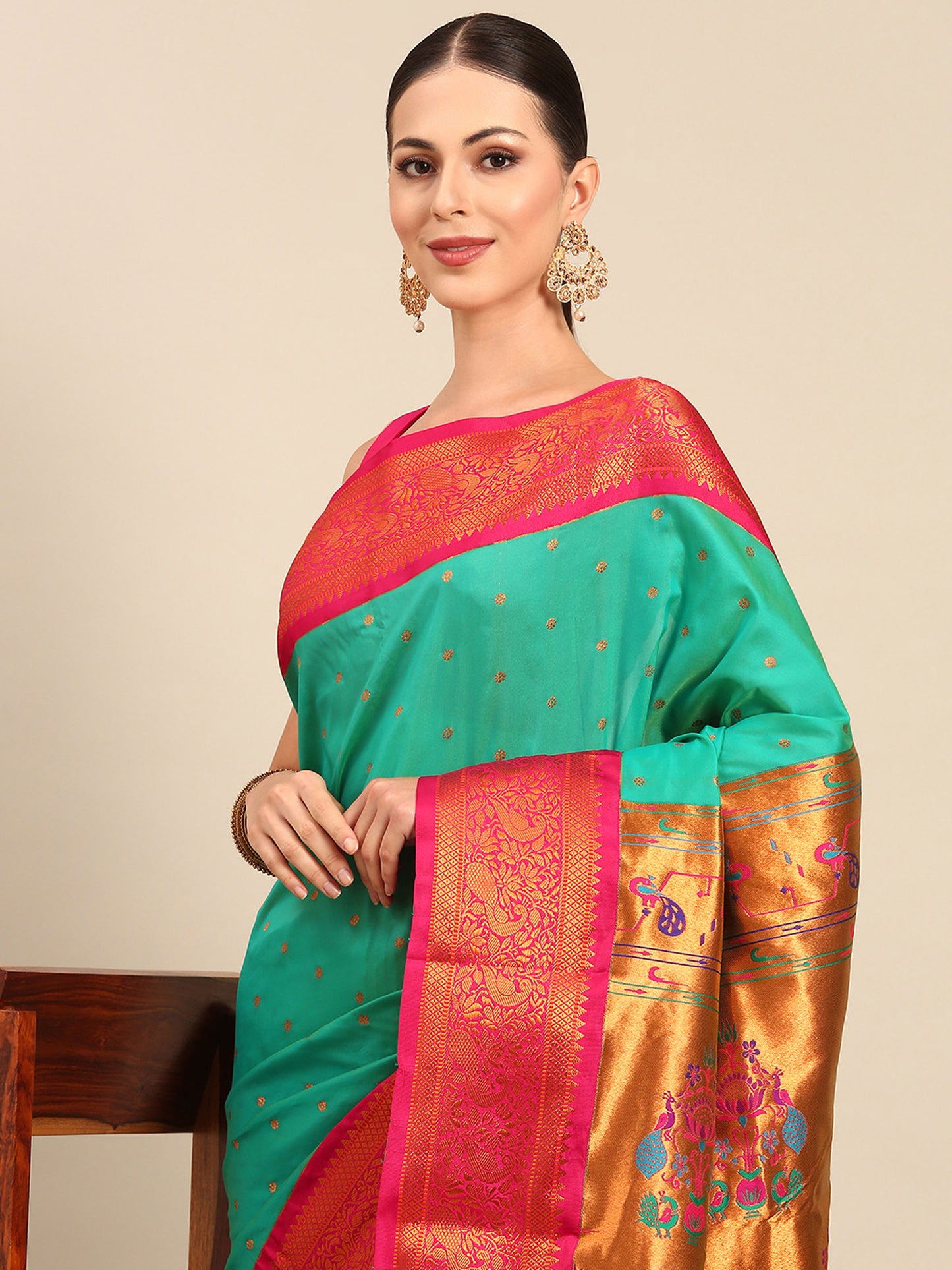 Kanika Sea Green & Pink Soft Silk Fancy Pallu Kadiyal Paithani Saree