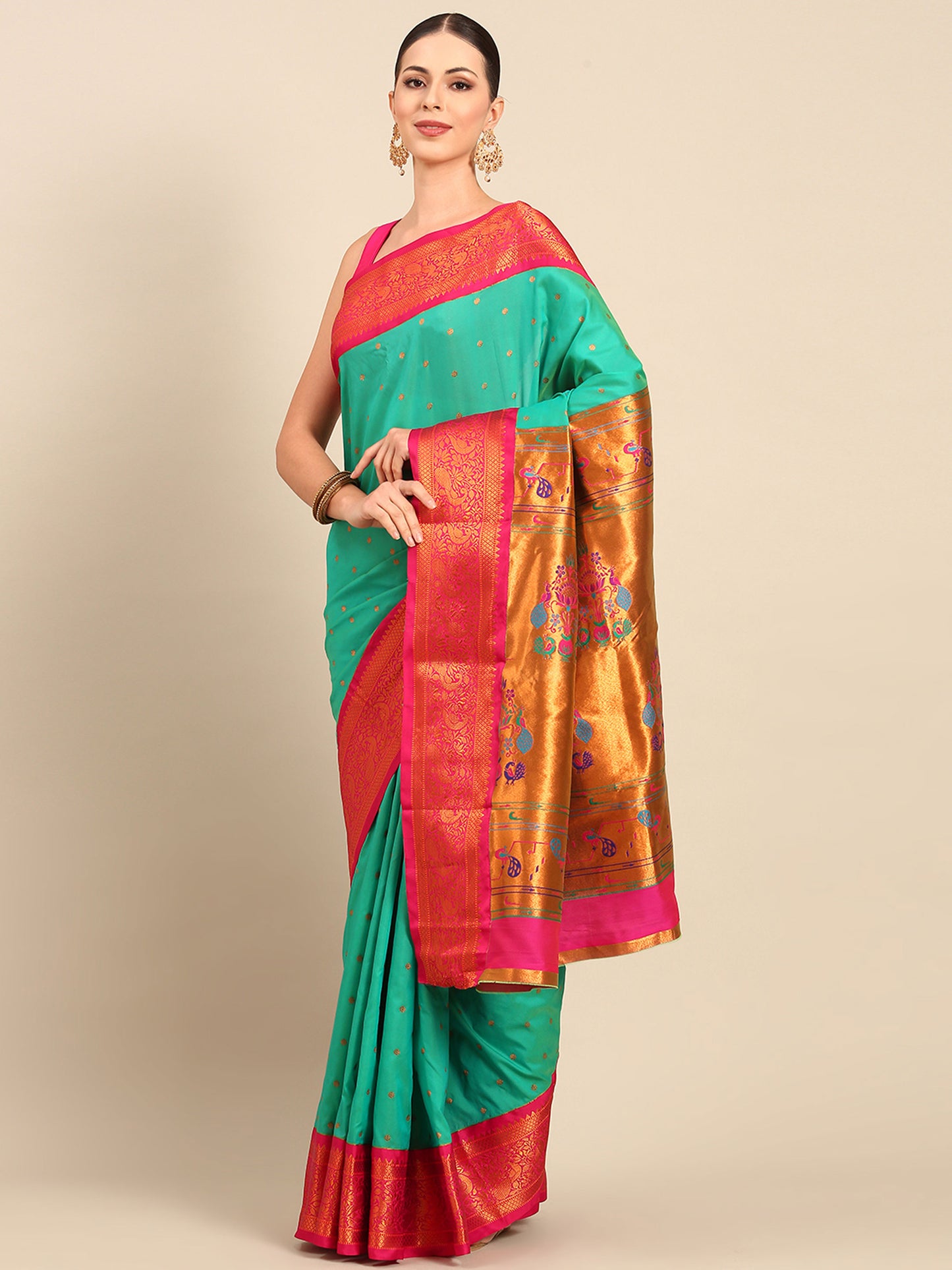 Kanika Sea Green & Pink Soft Silk Fancy Pallu Kadiyal Paithani Saree