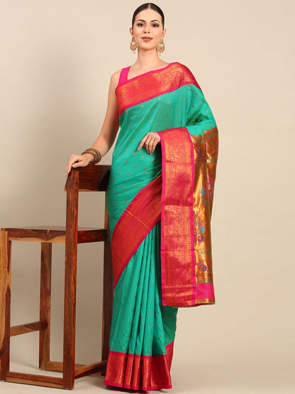 Kanika Sea Green & Pink Soft Silk Fancy Pallu Kadiyal Paithani Saree