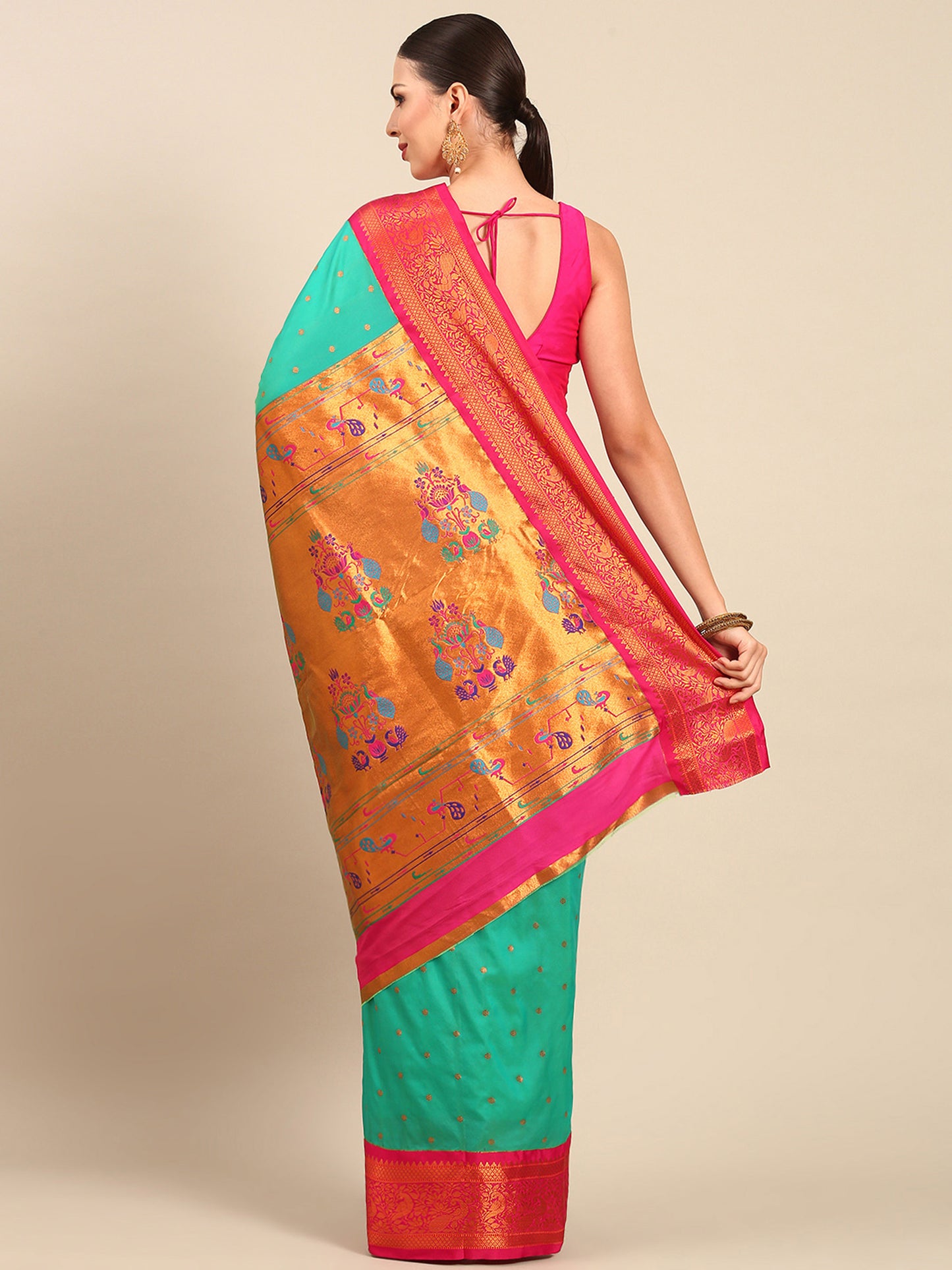 Kanika Sea Green & Pink Soft Silk Fancy Pallu Kadiyal Paithani Saree