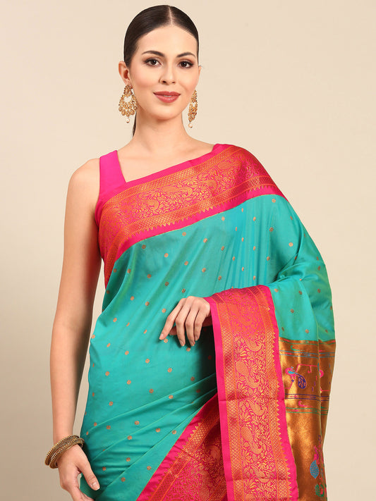 Kanika Chintamani Blue & Pink Soft Silk Fancy Pallu Kadiyal Paithani Saree