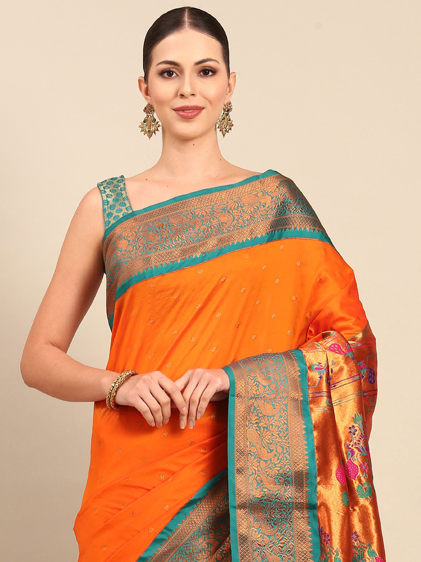 Kanika Orange & Rama Soft Silk Fancy Pallu Kadiyal Paithani Saree