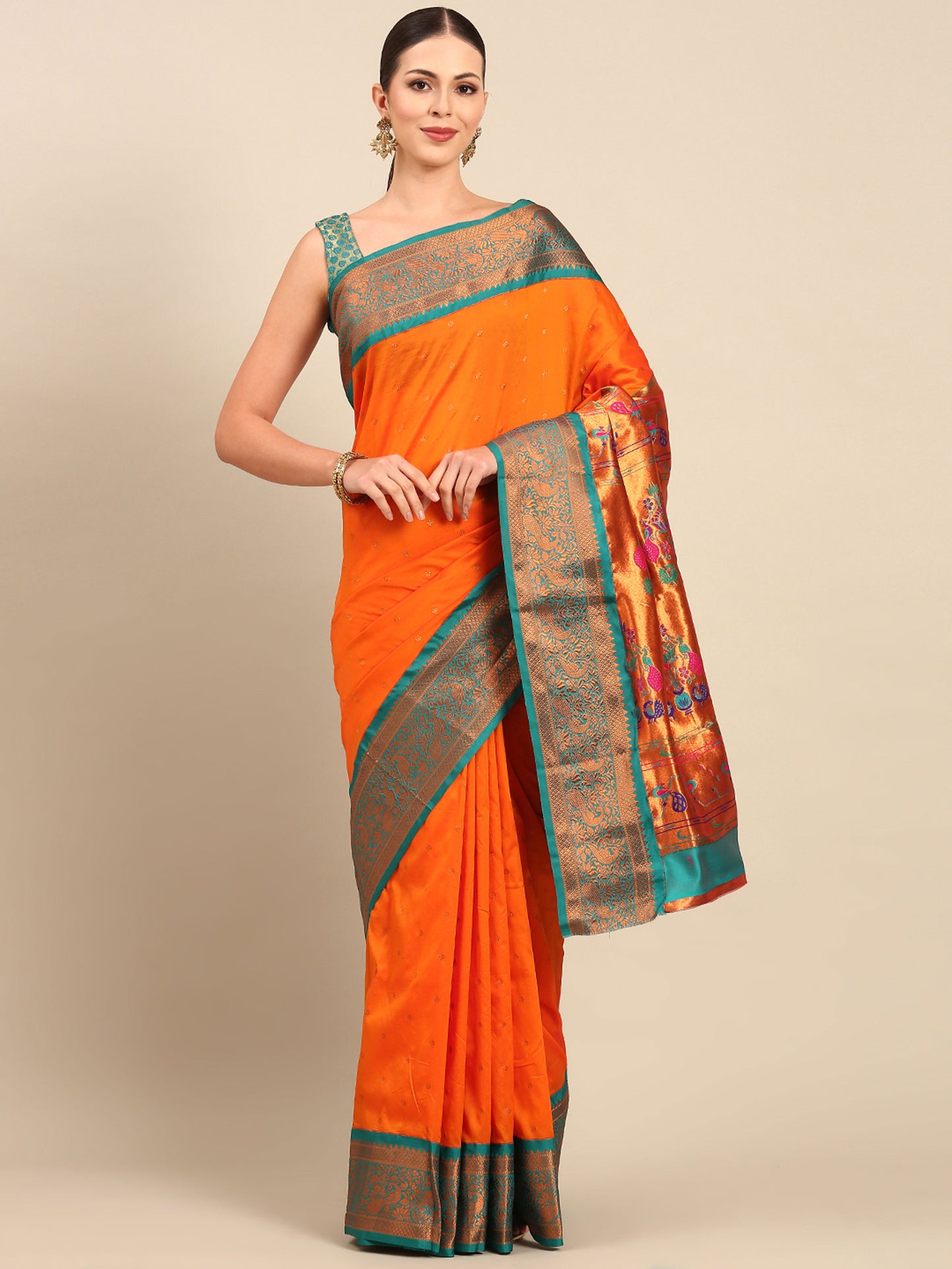 Kanika Orange & Rama Soft Silk Fancy Pallu Kadiyal Paithani Saree