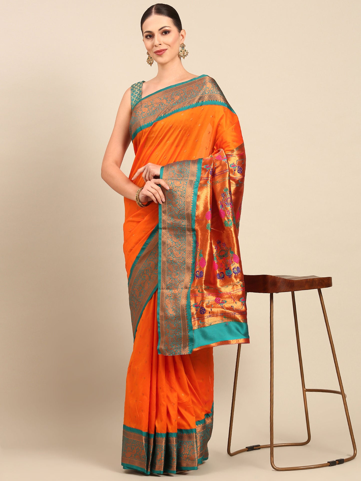 Kanika Orange & Rama Soft Silk Fancy Pallu Kadiyal Paithani Saree