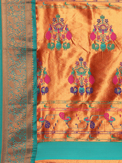 Kanika Orange & Rama Soft Silk Fancy Pallu Kadiyal Paithani Saree