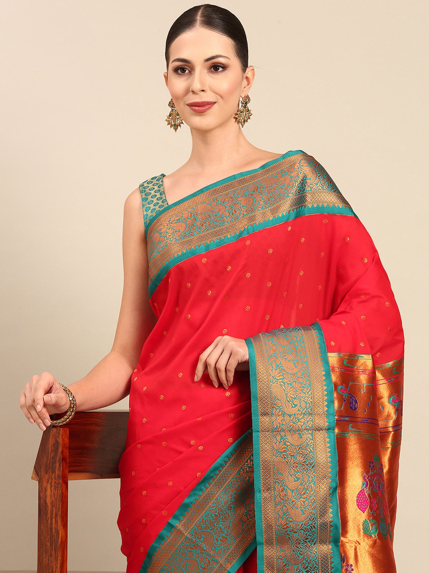 Kanika Red & Rama Soft Silk Fancy Pallu Kadiyal Paithani Saree