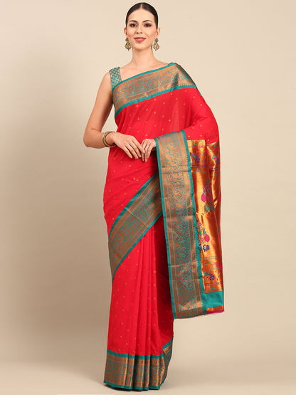 Kanika Red & Rama Soft Silk Fancy Pallu Kadiyal Paithani Saree