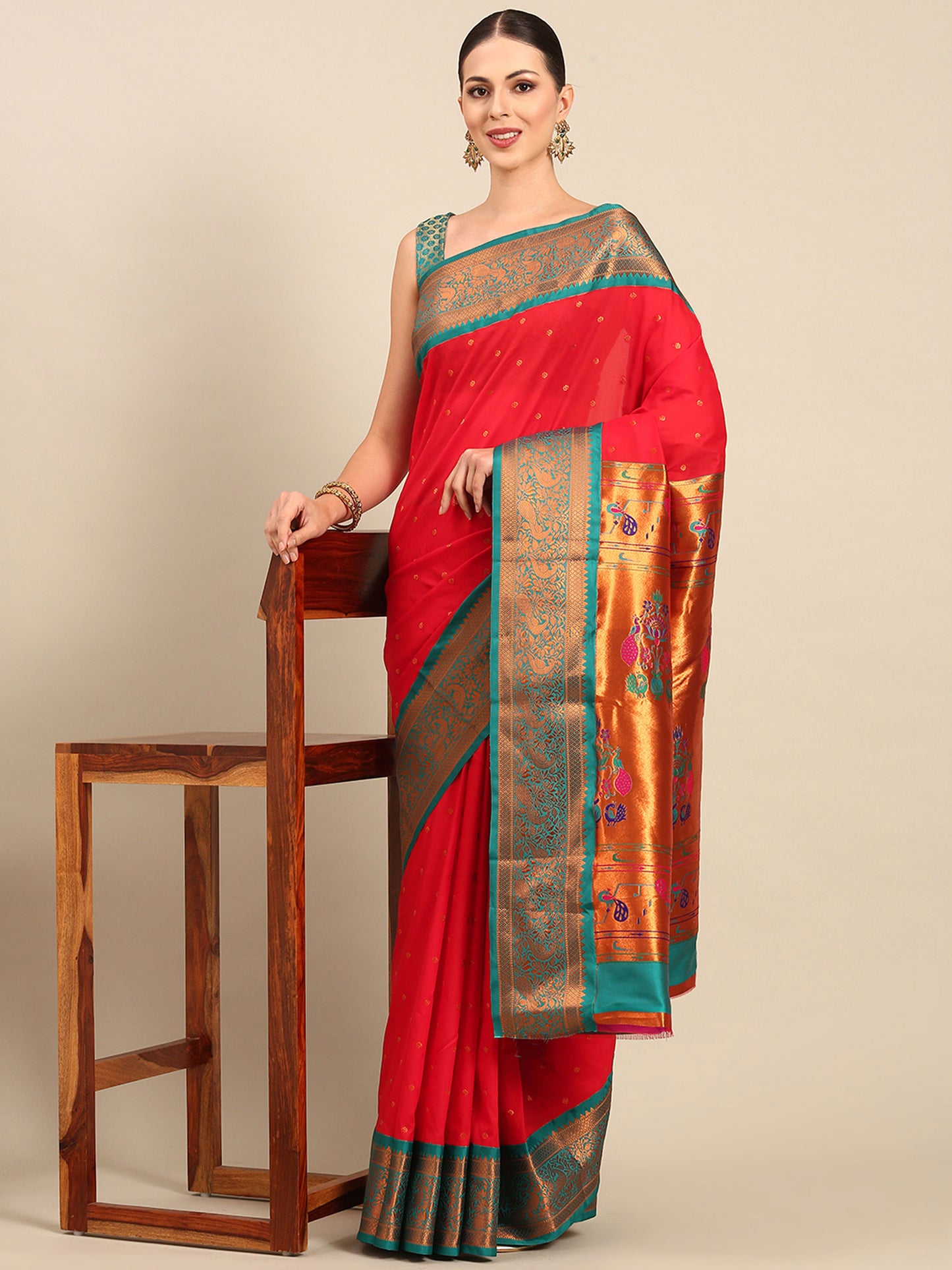 Kanika Red & Rama Soft Silk Fancy Pallu Kadiyal Paithani Saree