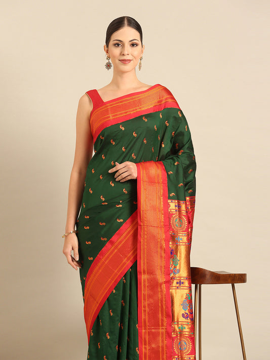 Myra Bottle Green & Red Soft Silk Fancy Pallu Kadiyal Paithani Saree