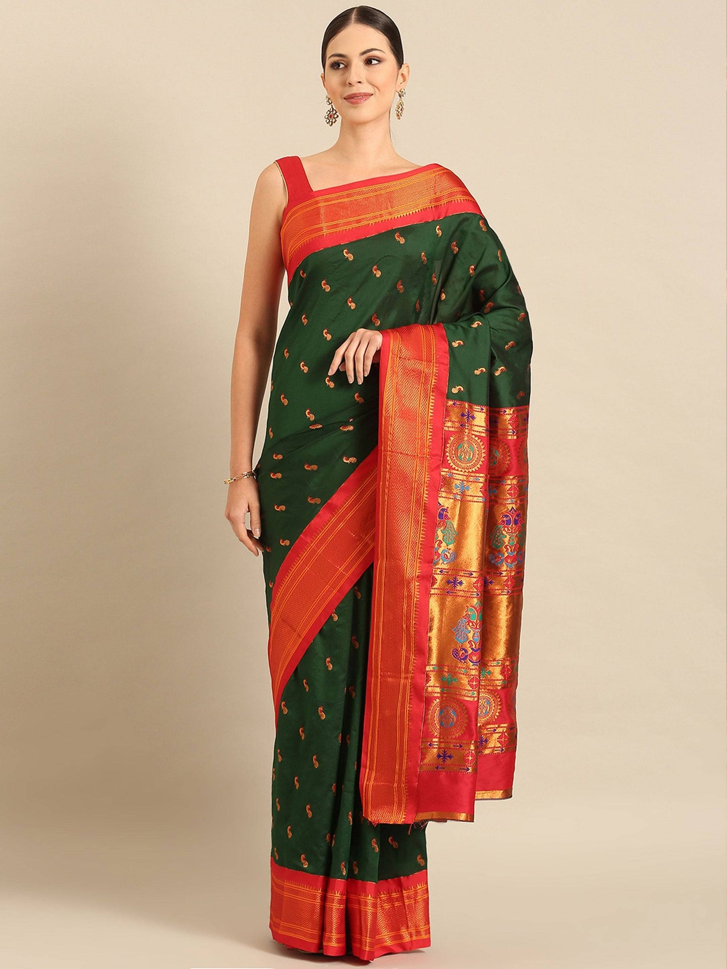 Myra Bottle Green & Red Soft Silk Kadiyal Maharani Paithani Saree