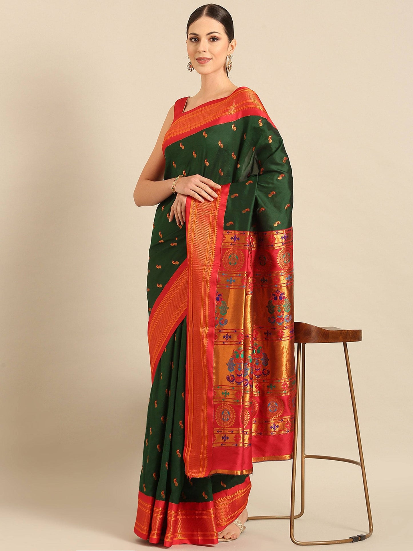 Myra Bottle Green & Red Soft Silk Kadiyal Maharani Paithani Saree