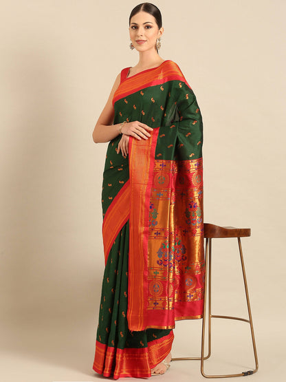 Myra Bottle Green & Red Soft Silk Kadiyal Maharani Paithani Saree