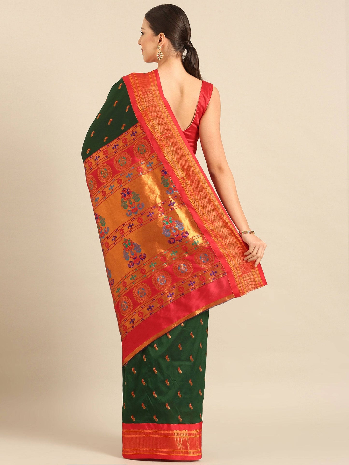 Myra Bottle Green & Red Soft Silk Kadiyal Maharani Paithani Saree