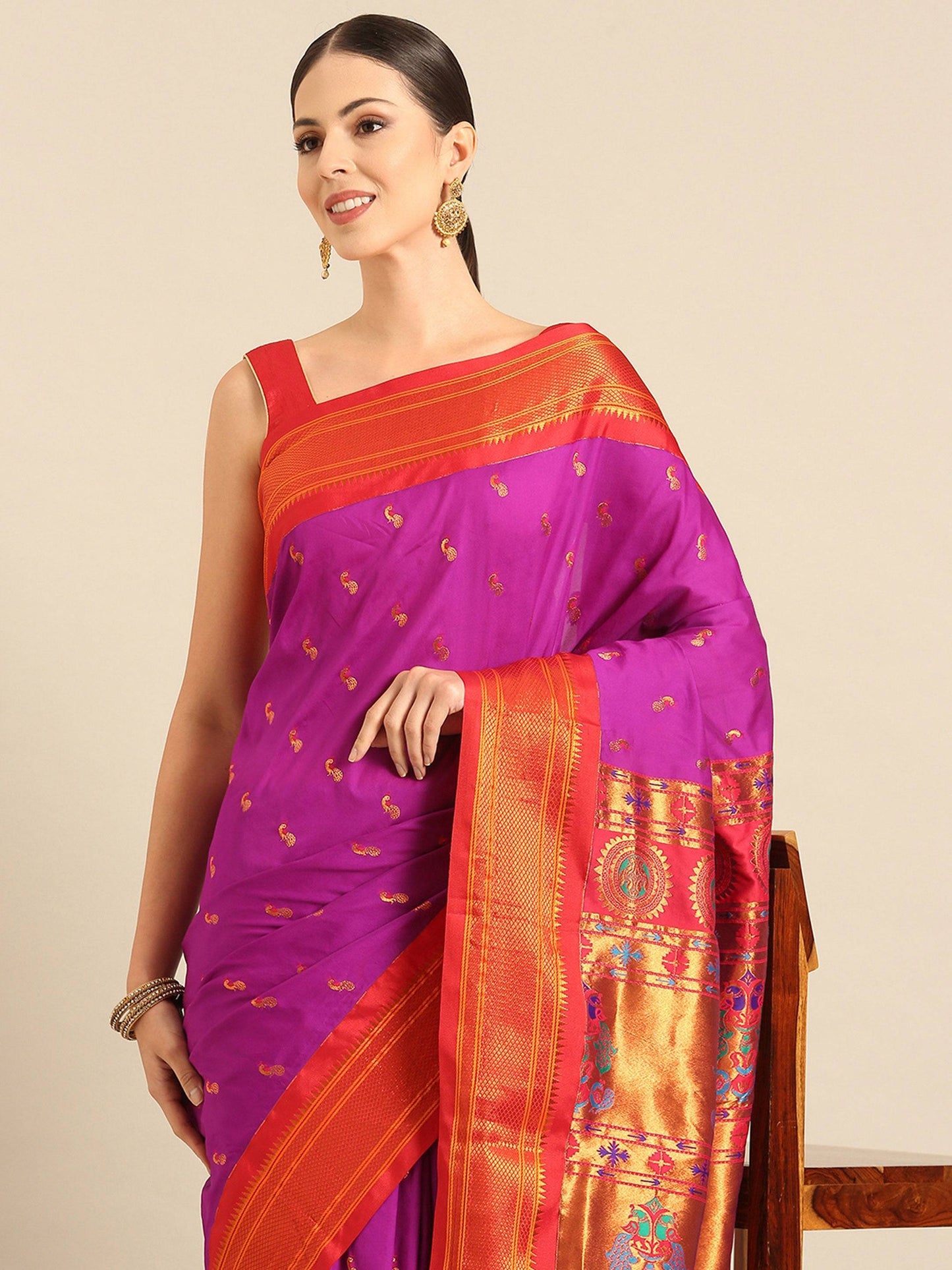 Myra Purple & Red Soft Silk Kadiyal Maharani Paithani Saree