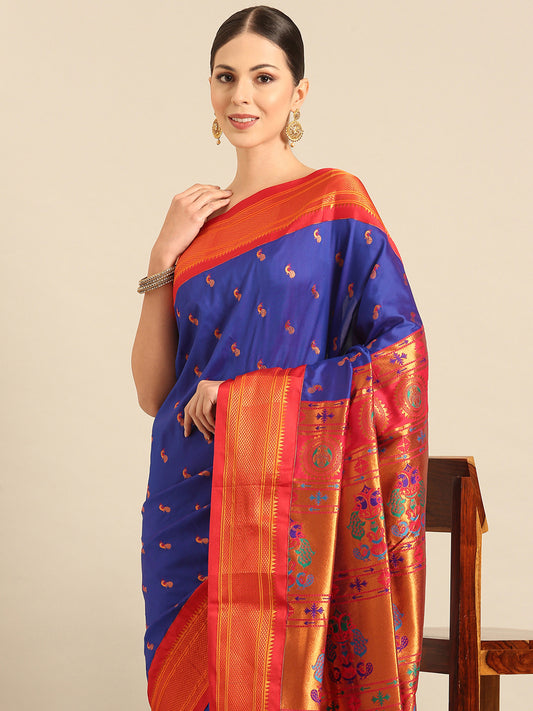 Myra Royal Blue & Red Soft Silk Fancy Pallu Kadiyal Paithani Saree