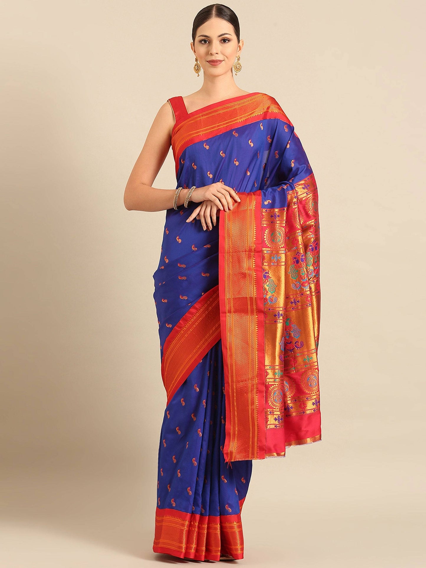 Myra Royal Blue & Red Soft Silk Kadiyal Maharani Paithani Saree