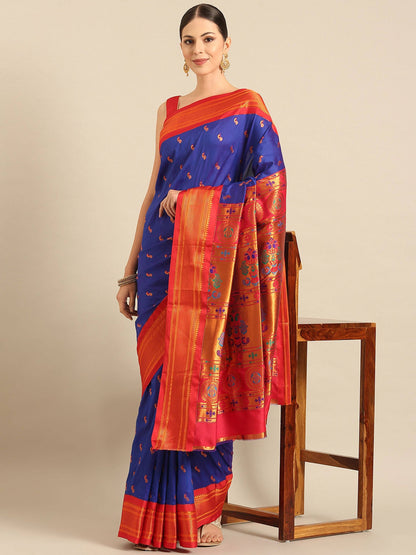 Myra Royal Blue & Red Soft Silk Kadiyal Maharani Paithani Saree