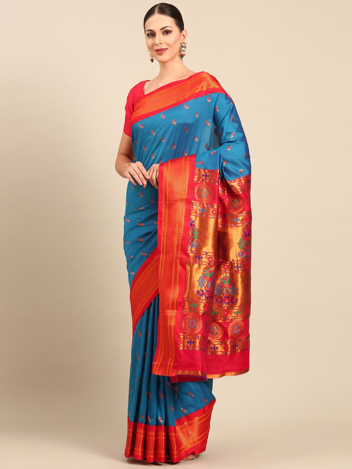 Myra Firozi & Red Soft Silk Fancy Pallu Kadiyal Paithani Saree