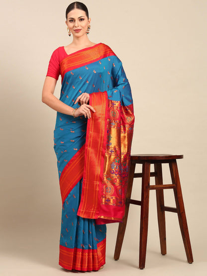 Myra Firozi & Red Soft Silk Kadiyal Maharani Paithani Saree