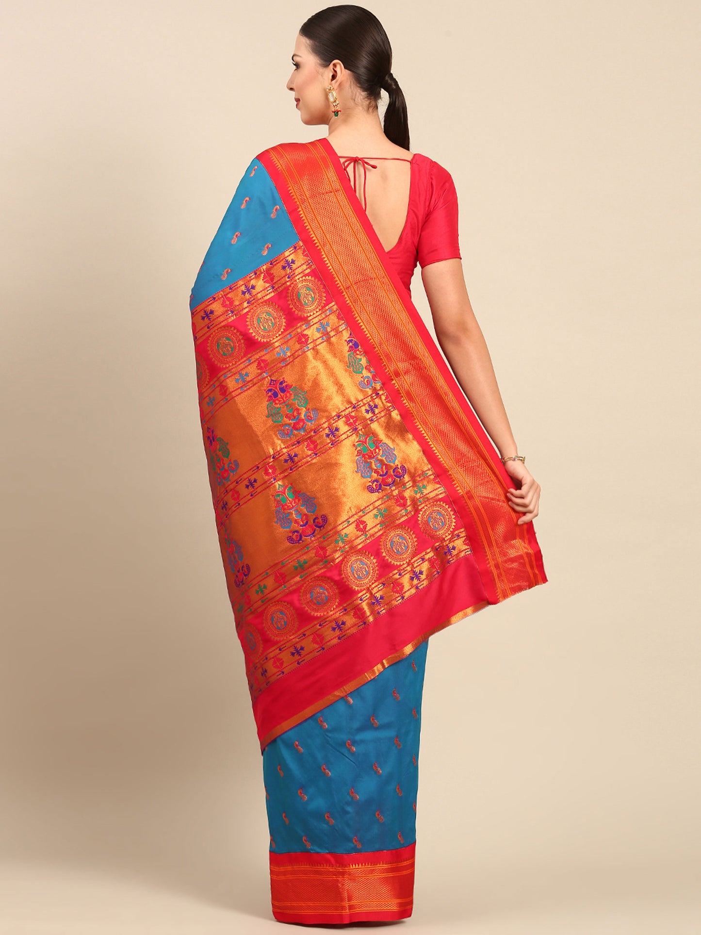 Myra Firozi & Red Soft Silk Fancy Pallu Kadiyal Paithani Saree