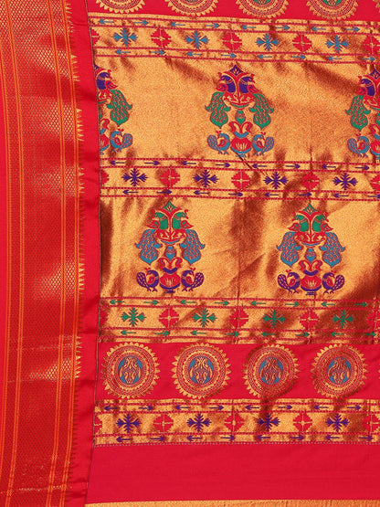 Myra Firozi & Red Soft Silk Fancy Pallu Kadiyal Paithani Saree