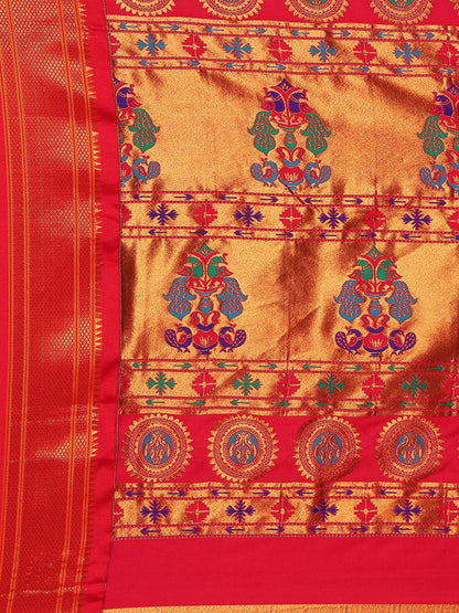 Myra Firozi & Red Soft Silk Kadiyal Maharani Paithani Saree