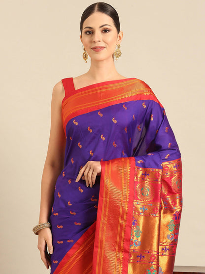 Myra Indigo Blue & Red Soft Silk Kadiyal Maharani Paithani Saree