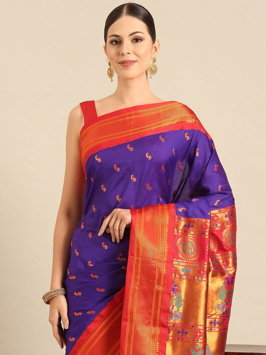 Myra Indigo Blue & Red Soft Silk Kadiyal Maharani Paithani Saree