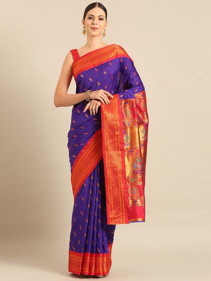 Myra Indigo Blue & Red Soft Silk Fancy Pallu Kadiyal Paithani Saree