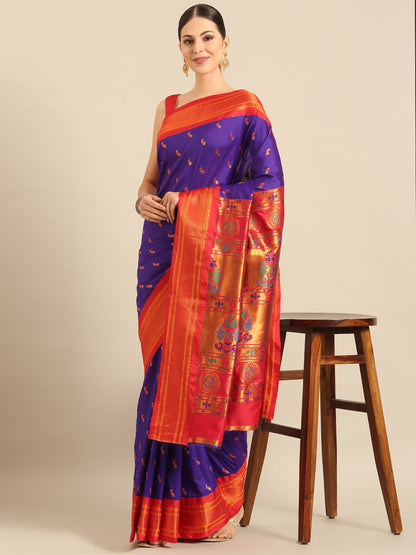 Myra Indigo Blue & Red Soft Silk Fancy Pallu Kadiyal Paithani Saree