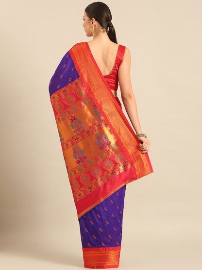 Myra Indigo Blue & Red Soft Silk Fancy Pallu Kadiyal Paithani Saree