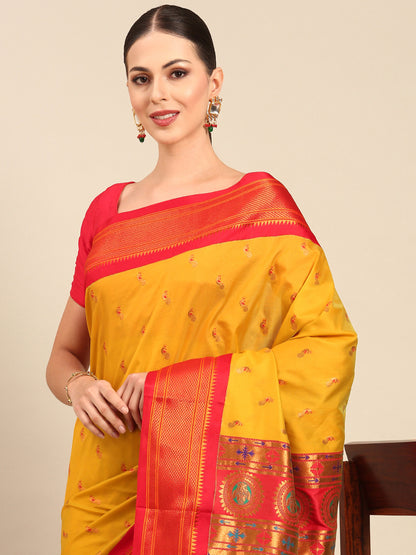 Myra Mustard & Red Soft Silk Fancy Pallu Kadiyal Paithani Saree