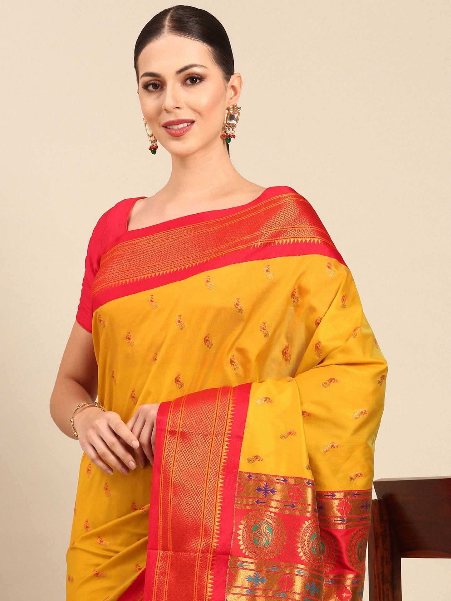 Myra Mustard & Red Soft Silk Kadiyal Maharani Paithani Saree