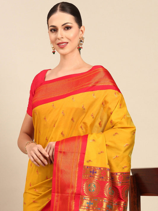 Myra Mustard & Red Soft Silk Kadiyal Maharani Paithani Saree