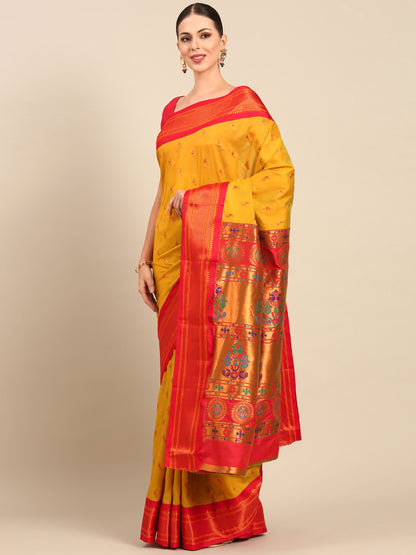 Myra Mustard & Red Soft Silk Fancy Pallu Kadiyal Paithani Saree