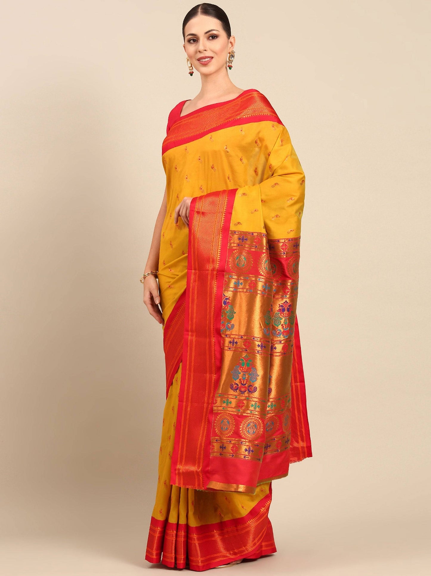 Myra Mustard & Red Soft Silk Kadiyal Maharani Paithani Saree