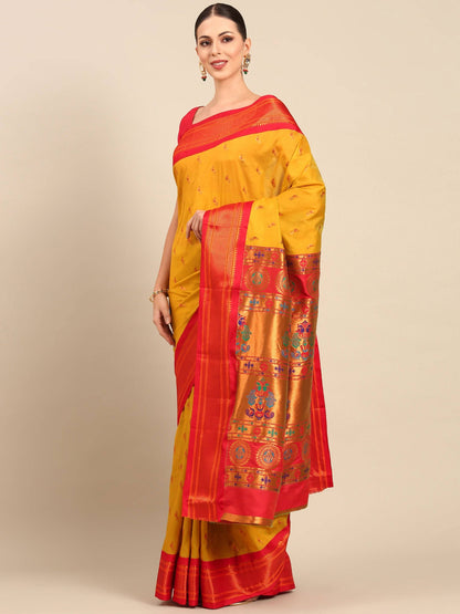 Myra Mustard & Red Soft Silk Kadiyal Maharani Paithani Saree