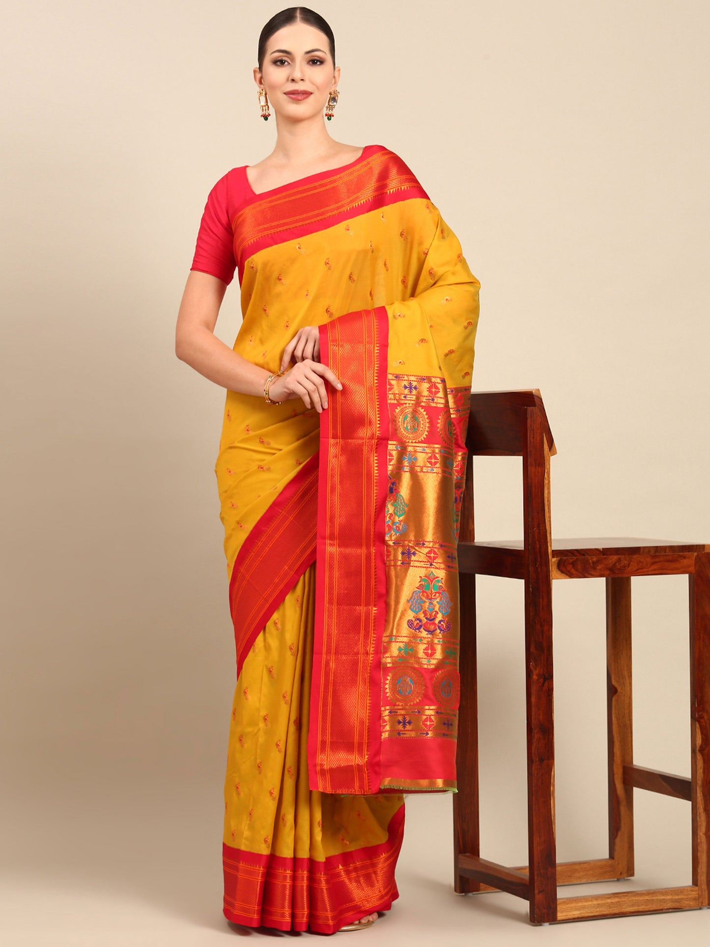 Myra Mustard & Red Soft Silk Fancy Pallu Kadiyal Paithani Saree