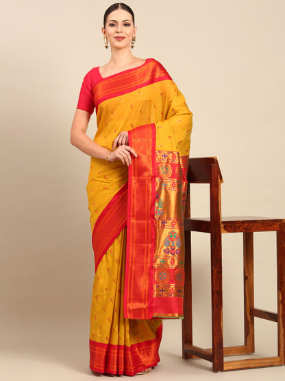 Myra Mustard & Red Soft Silk Fancy Pallu Kadiyal Paithani Saree