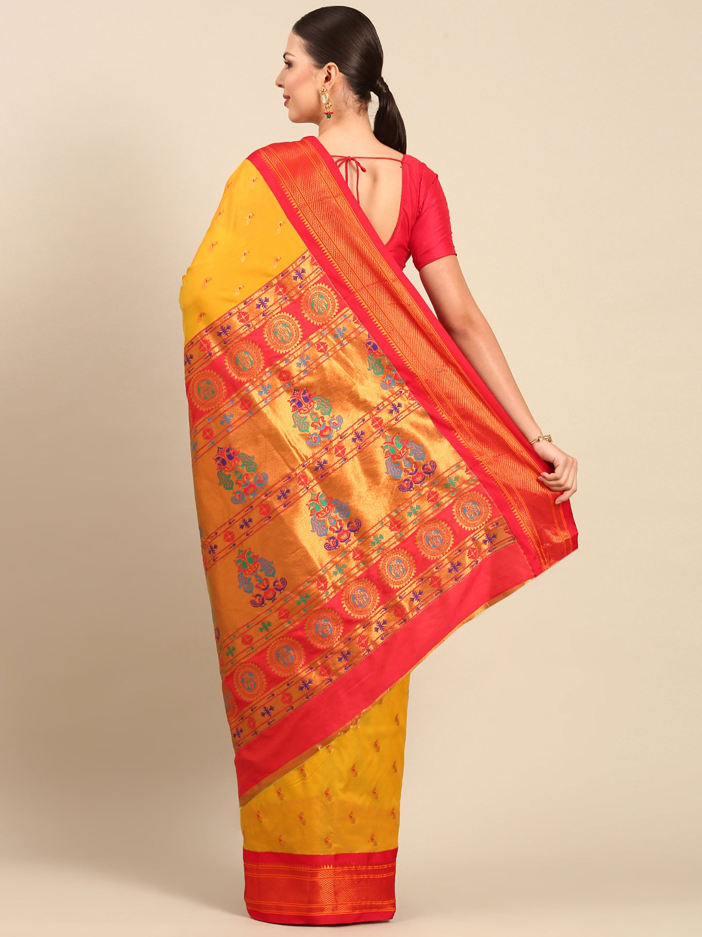 Myra Mustard & Red Soft Silk Fancy Pallu Kadiyal Paithani Saree