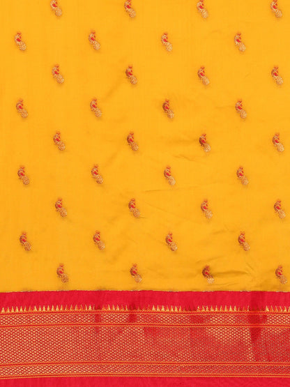 Myra Mustard & Red Soft Silk Kadiyal Maharani Paithani Saree