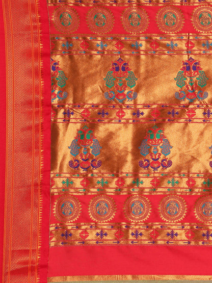 Myra Mustard & Red Soft Silk Fancy Pallu Kadiyal Paithani Saree