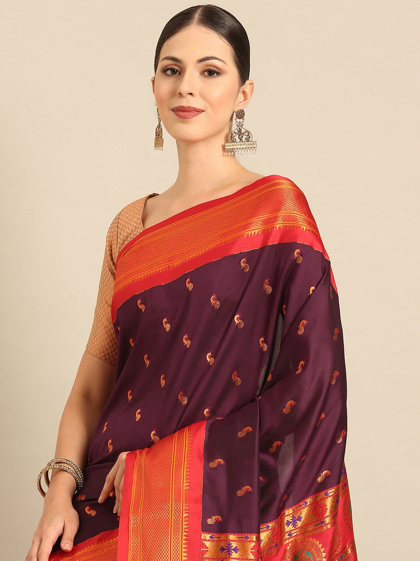 Myra Maroon & Red Soft Silk Fancy Pallu Kadiyal Paithani Saree