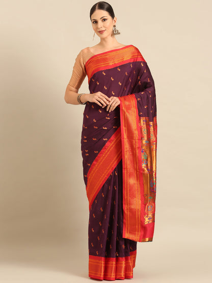 Myra Maroon & Red Soft Silk Fancy Pallu Kadiyal Paithani Saree