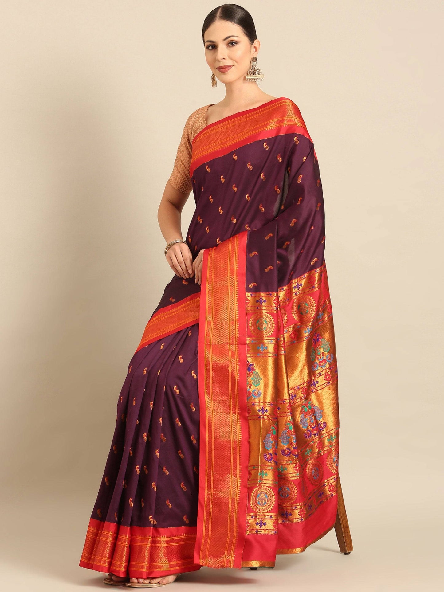 Myra Maroon & Red Soft Silk Kadiyal Maharani Paithani Saree